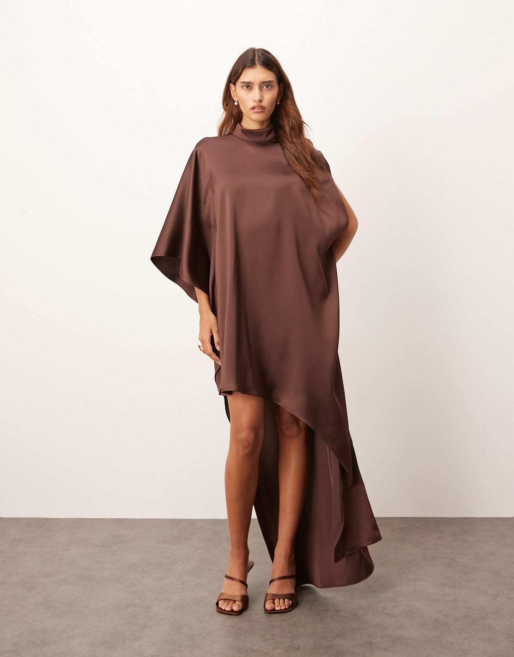 ARRANGE high neck cape sleeves mini dress with asymmetric hem in chocolate