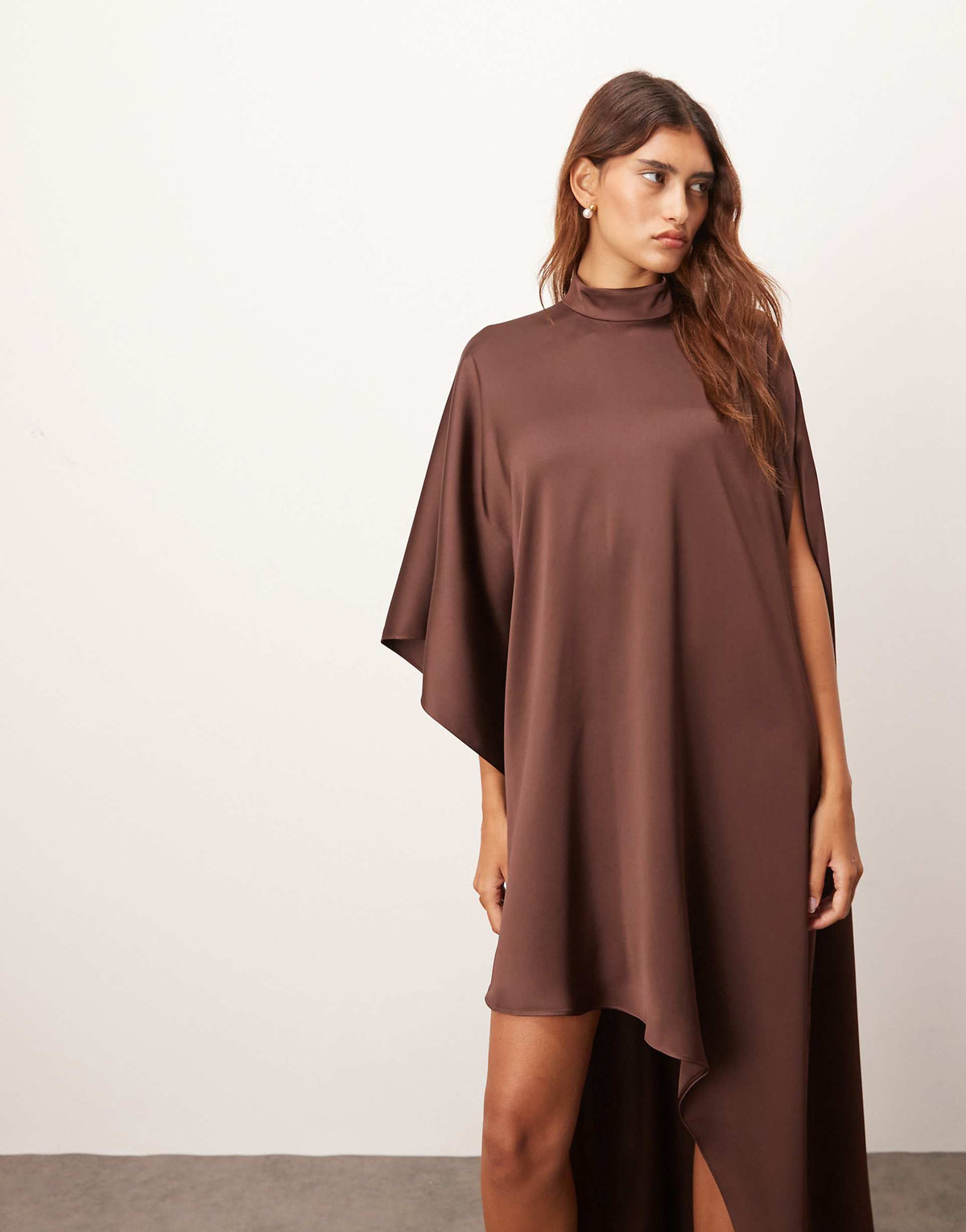 ARRANGE high neck cape sleeves mini dress with asymmetric hem in chocolate