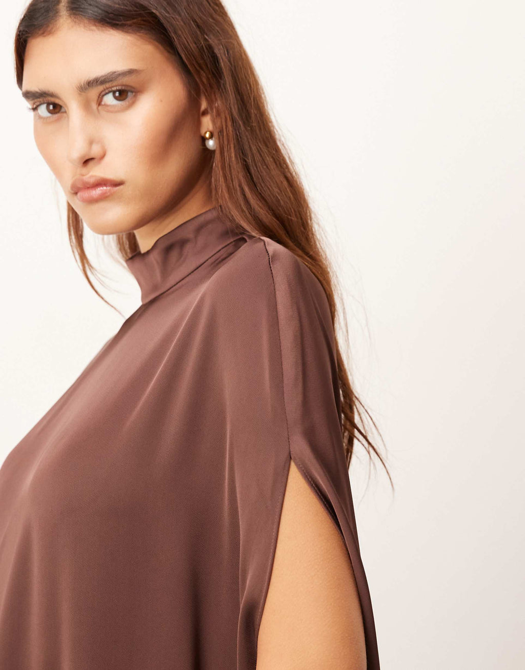ARRANGE high neck cape sleeves mini dress with asymmetric hem in chocolate