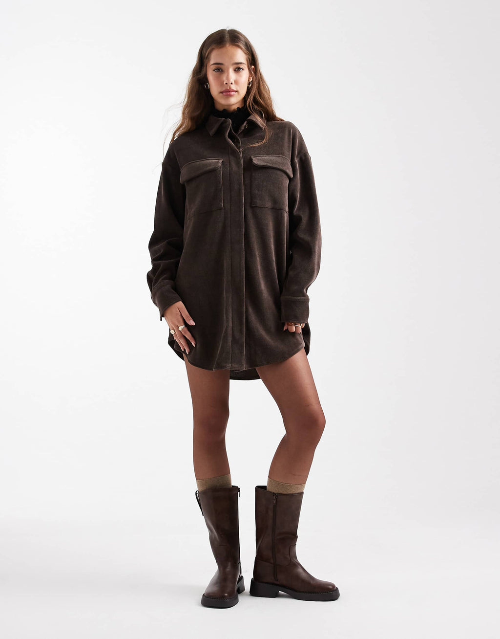 ASOS DESIGN cord utility shirt mini dress in chocolate