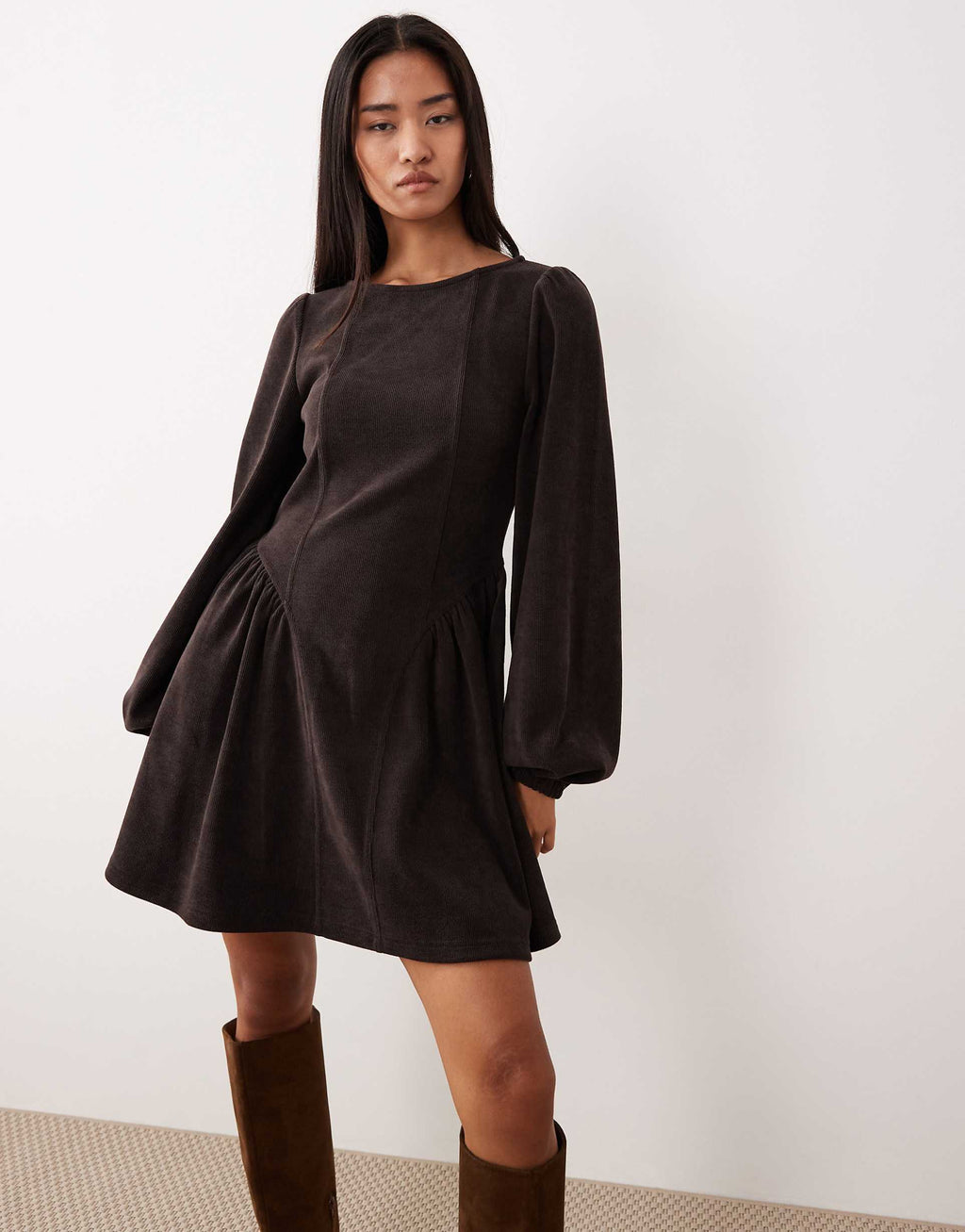 ASOS DESIGN cord blouson long sleeve waisted detail mini dress in chocolate