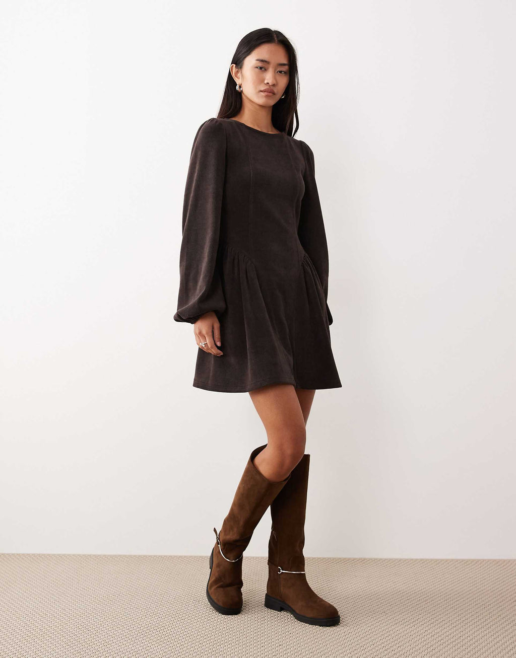 ASOS DESIGN cord blouson long sleeve waisted detail mini dress in chocolate