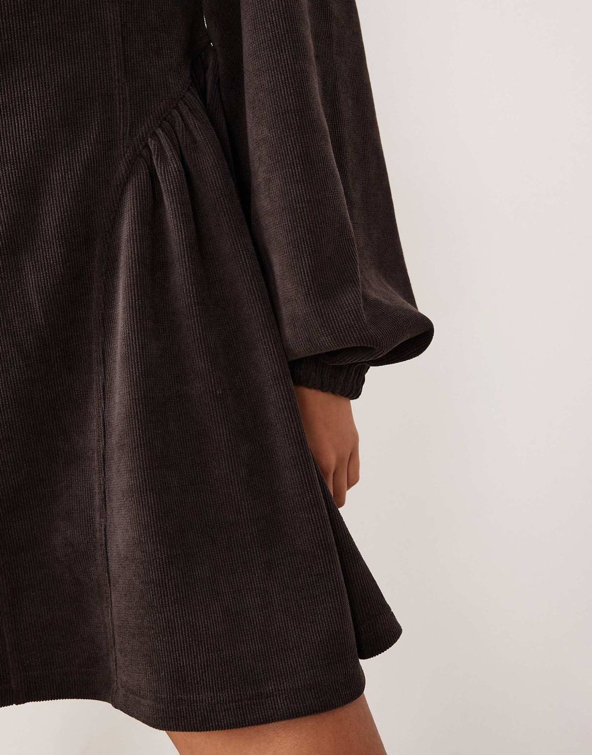 ASOS DESIGN cord blouson long sleeve waisted detail mini dress in chocolate