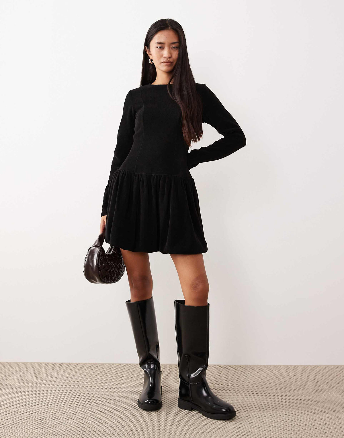 ASOS DESIGN cord dropped waist bubble hem mini dress in black