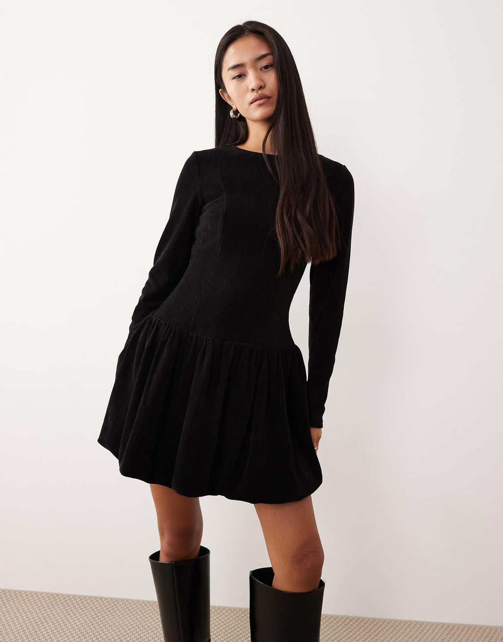 ASOS DESIGN cord dropped waist bubble hem mini dress in black