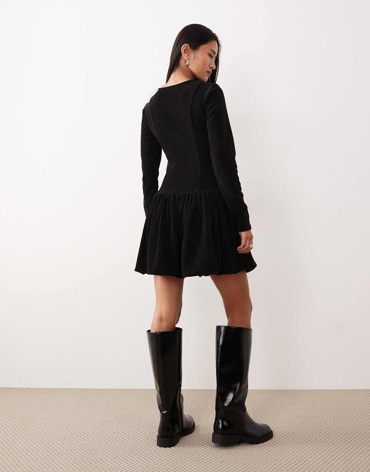 ASOS DESIGN cord dropped waist bubble hem mini dress in black