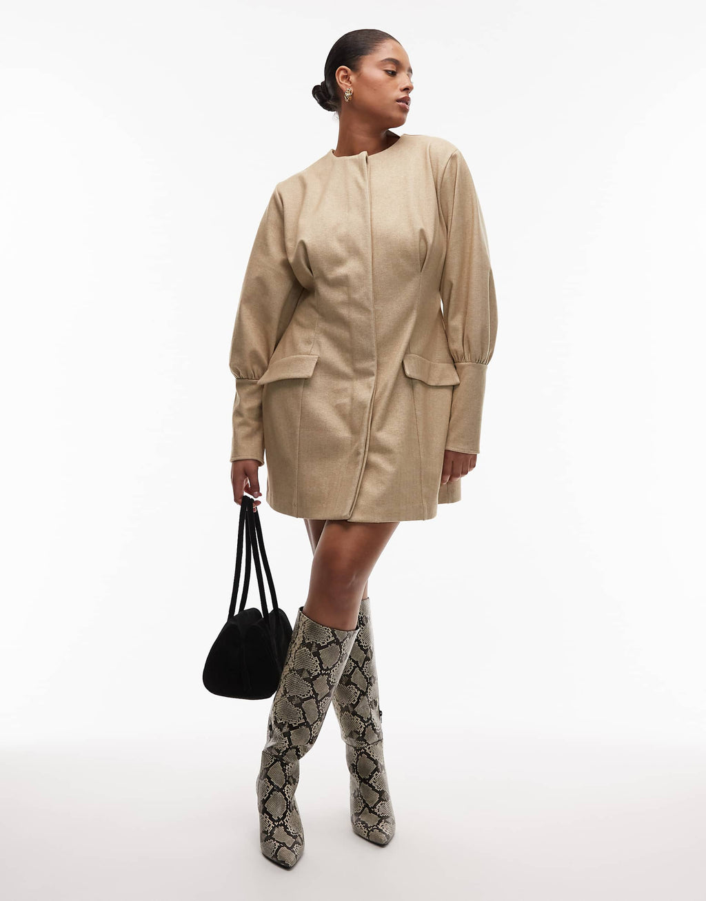ASOS DESIGN Curve sculpted puff sleeve blazer mini dress in stone