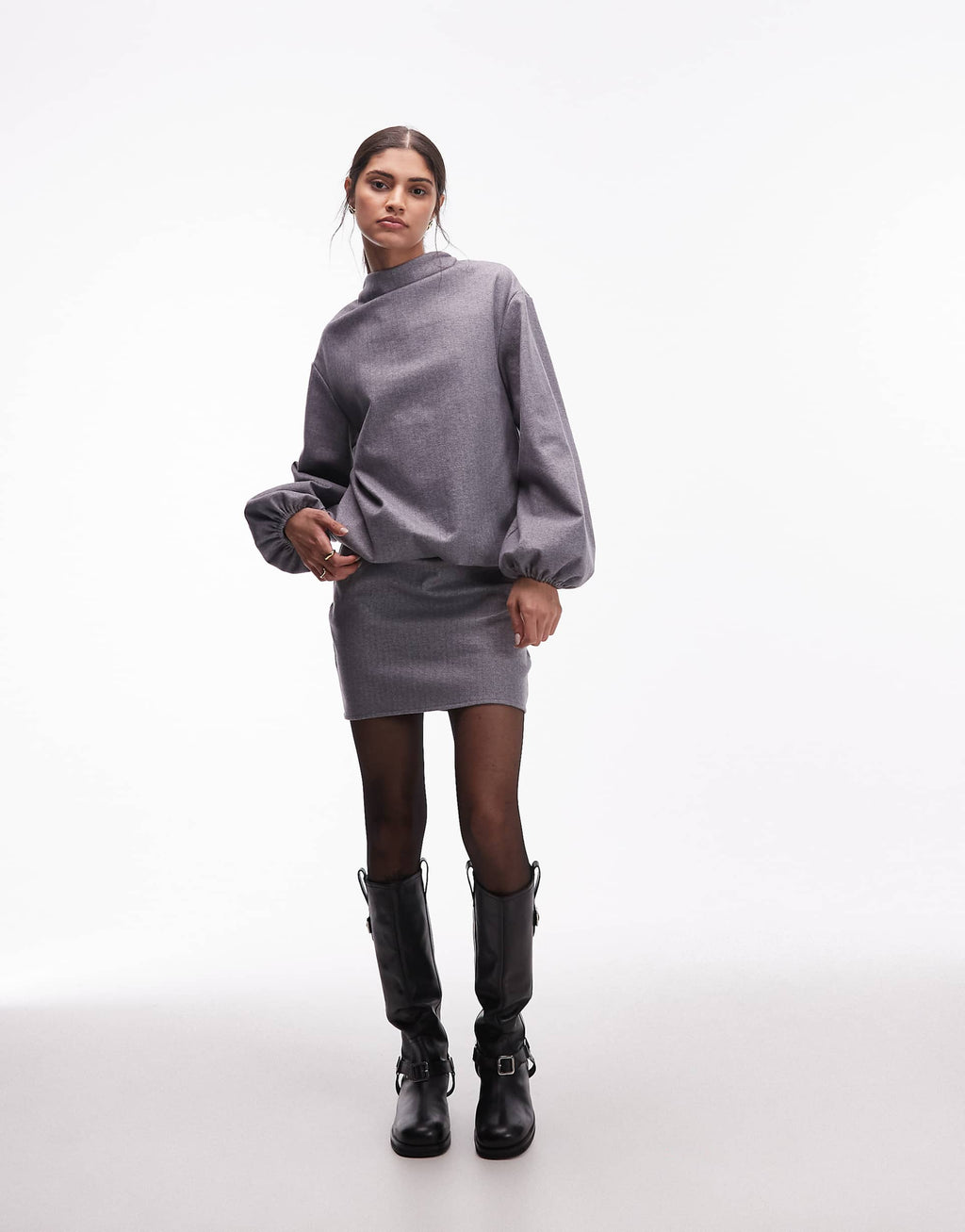 ASOS DESIGN blouson high neck barrel sleeve mini dress in gray