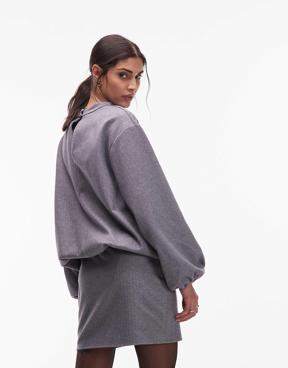 ASOS DESIGN blouson high neck barrel sleeve mini dress in gray