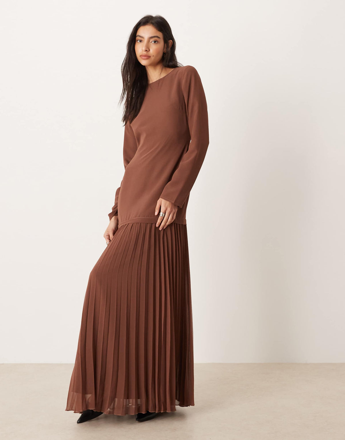 ASOS DESIGN long sleeved pleated skirt maxi dress in chocolate