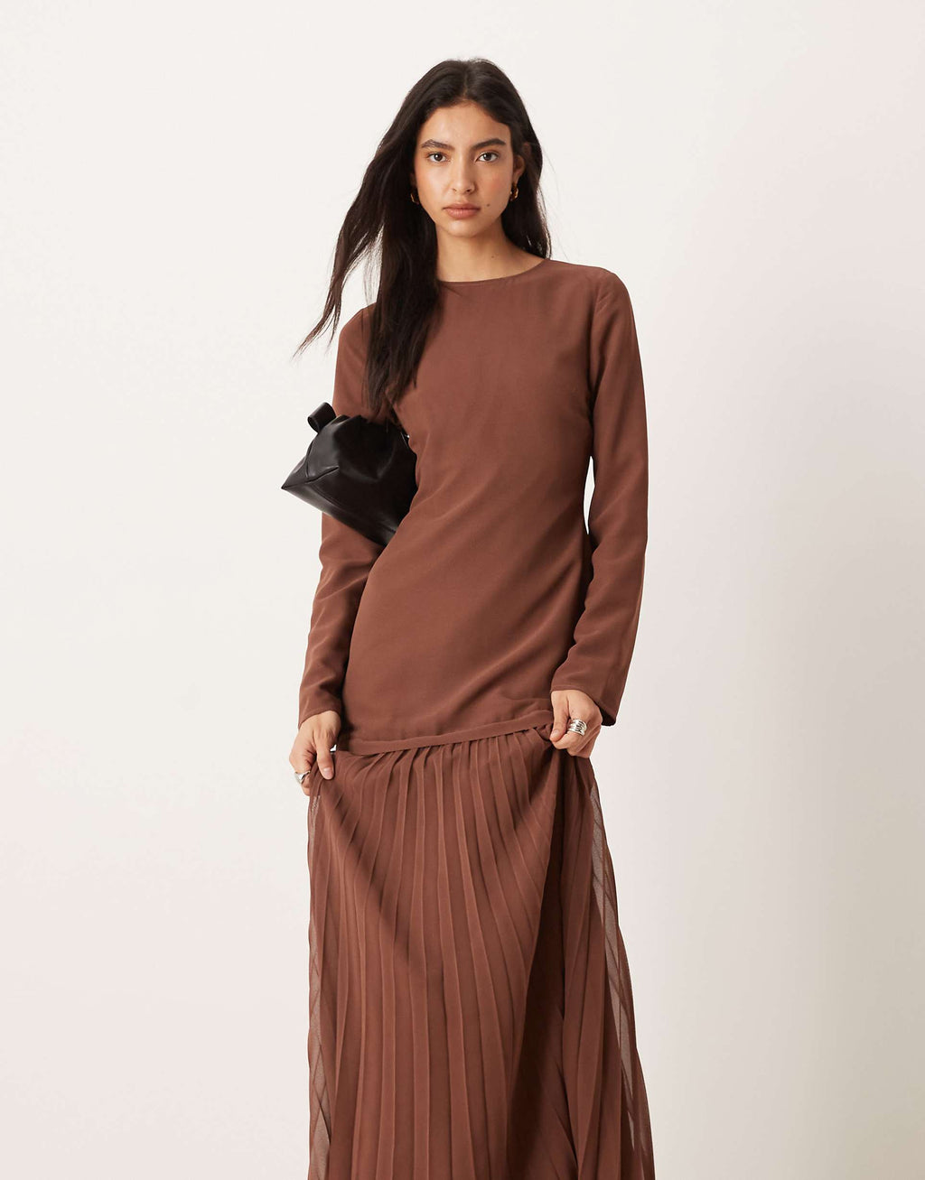 ASOS DESIGN long sleeved pleated skirt maxi dress in chocolate