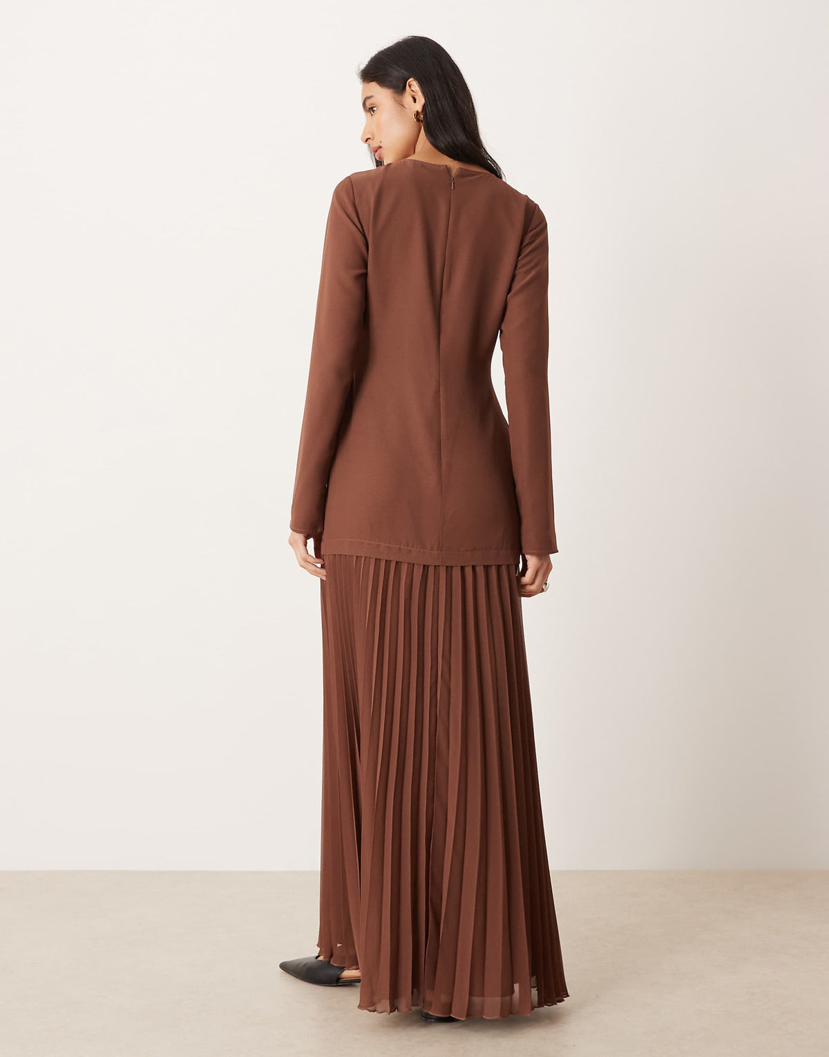 ASOS DESIGN long sleeved pleated skirt maxi dress in chocolate