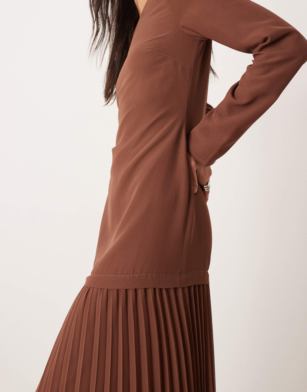 ASOS DESIGN long sleeved pleated skirt maxi dress in chocolate