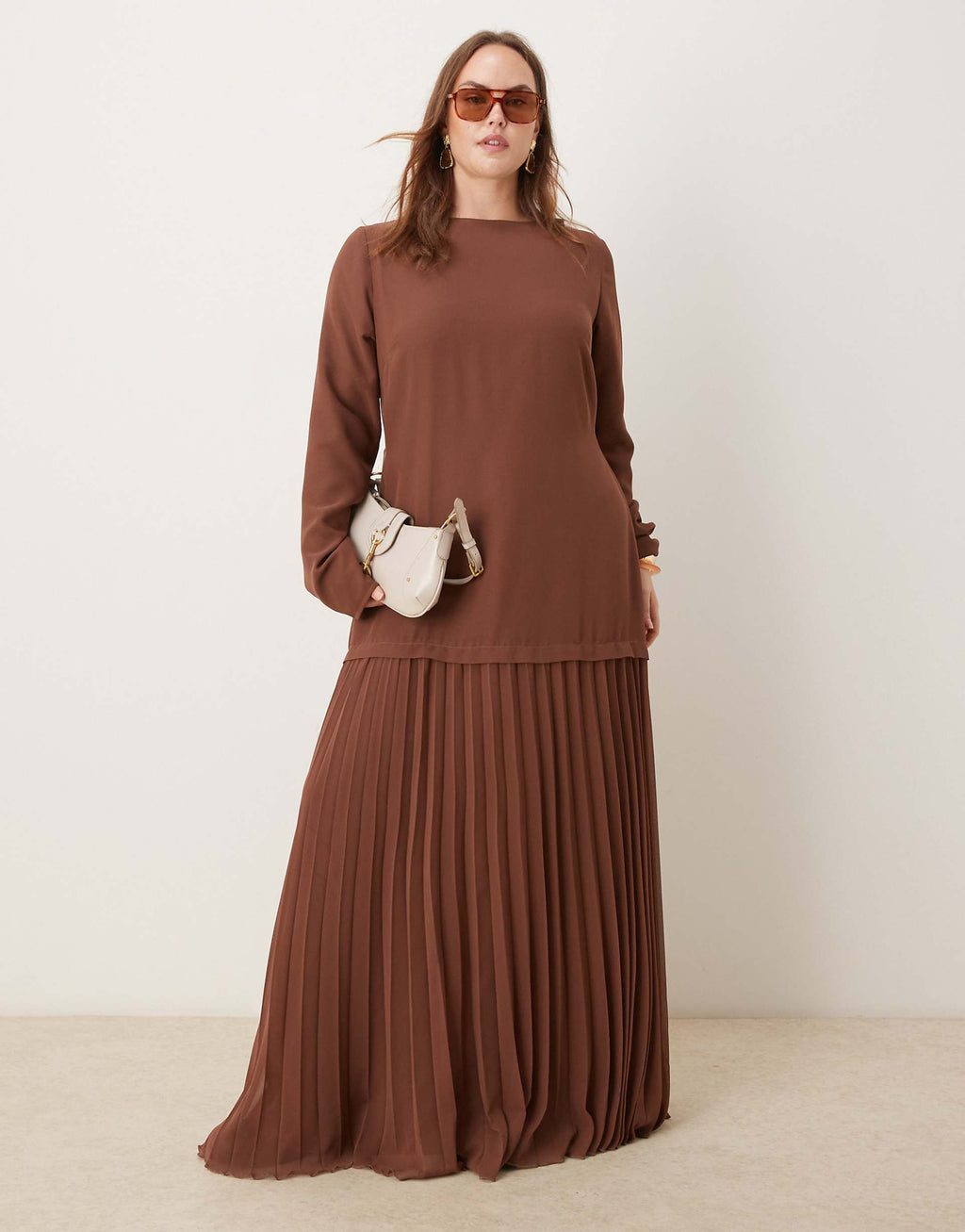 ASOS DESIGN Curve long sleeved pleated skirt maxi dress in chocolate