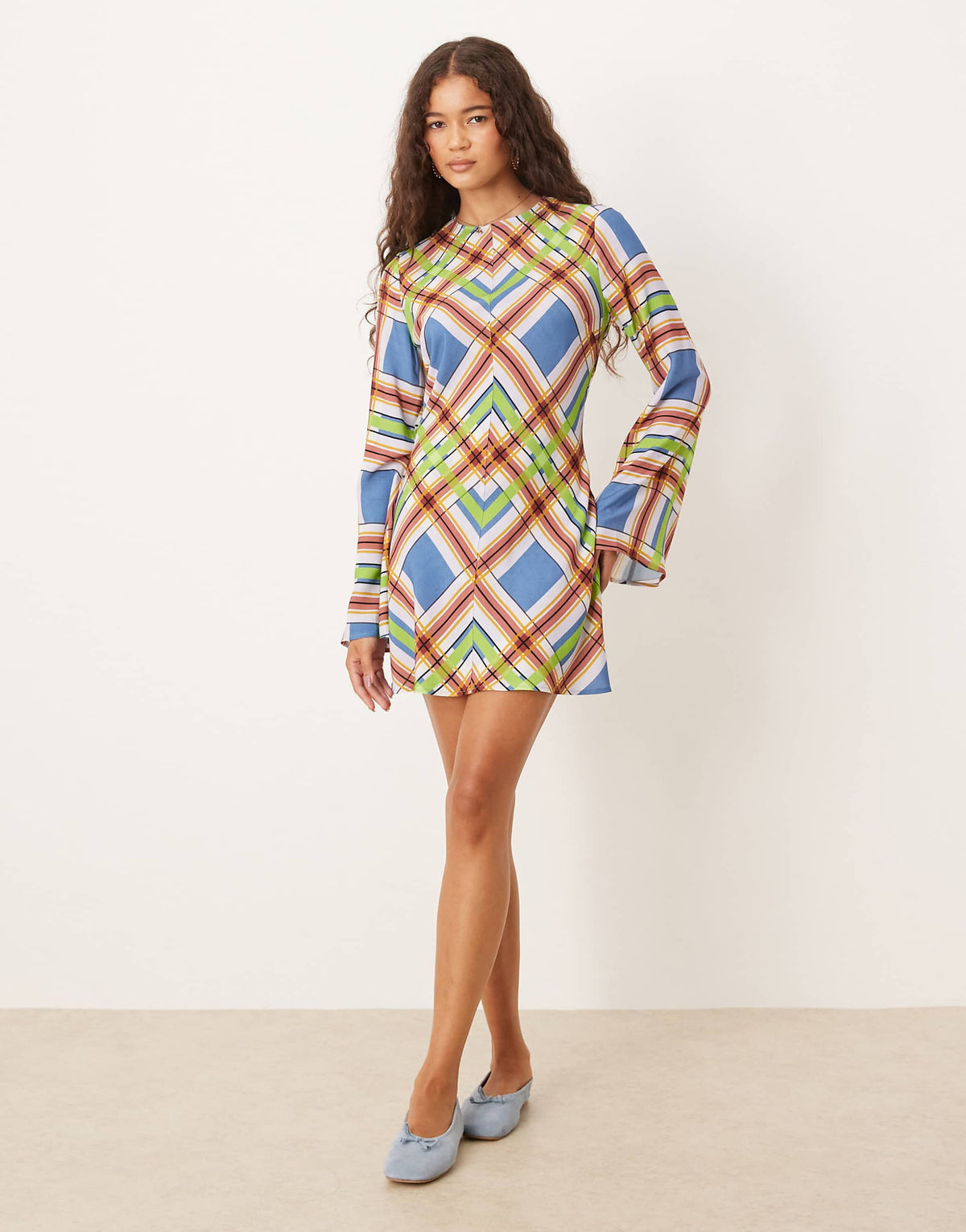 ASOS DESIGN crew neck mini dress with flare sleeves in multi plaid print