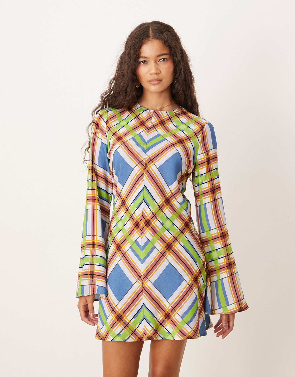 ASOS DESIGN crew neck mini dress with flare sleeves in multi plaid print