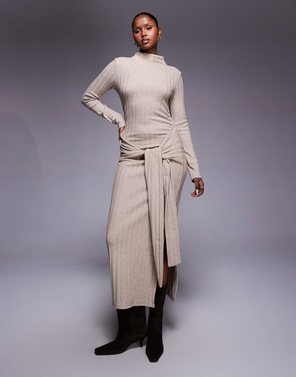 ASOS DESIGN ribbed high neck tie front midi dress in neutral