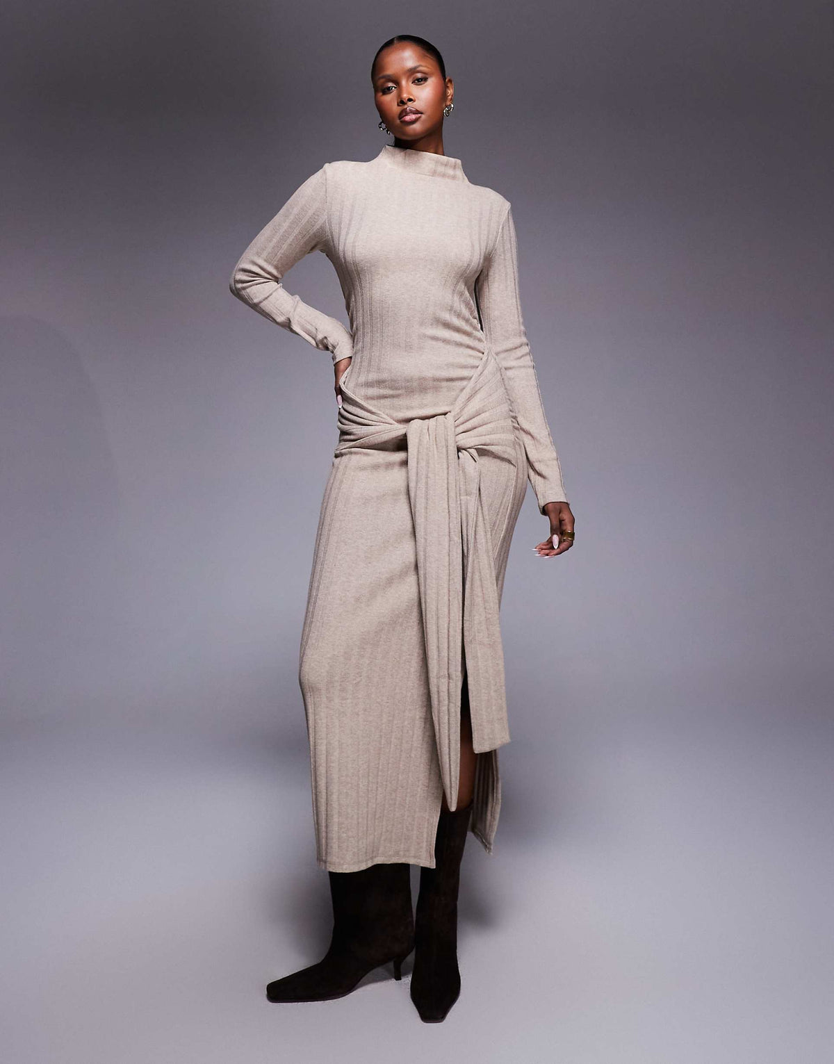 ASOS DESIGN ribbed high neck tie front midi dress in neutral