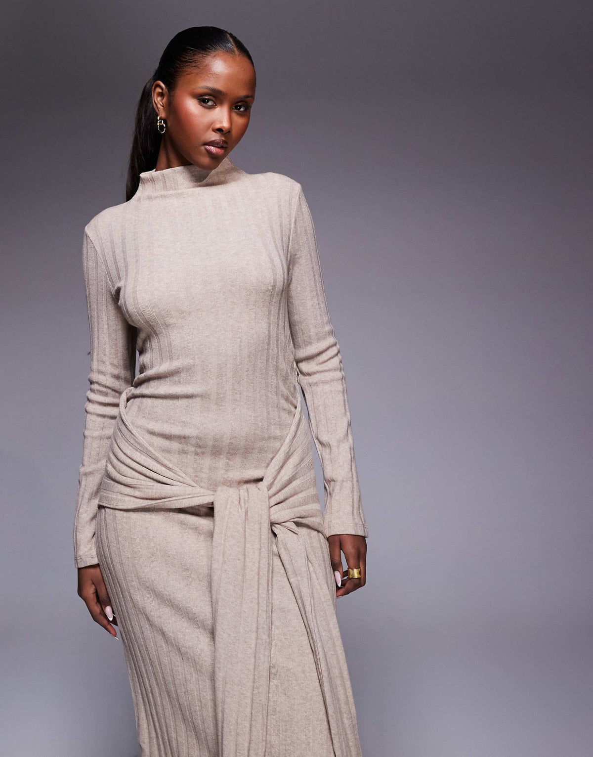 ASOS DESIGN ribbed high neck tie front midi dress in neutral
