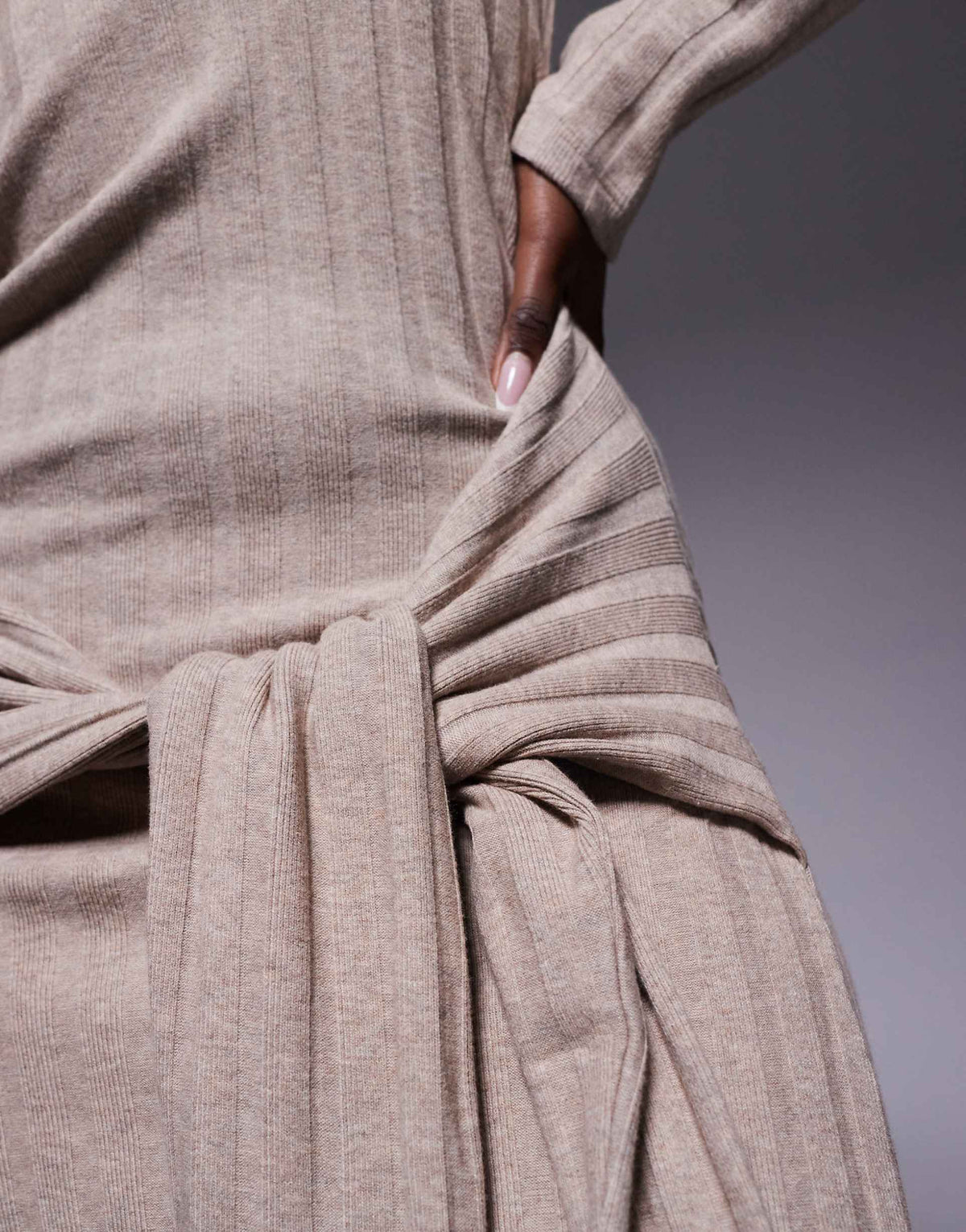 ASOS DESIGN ribbed high neck tie front midi dress in neutral