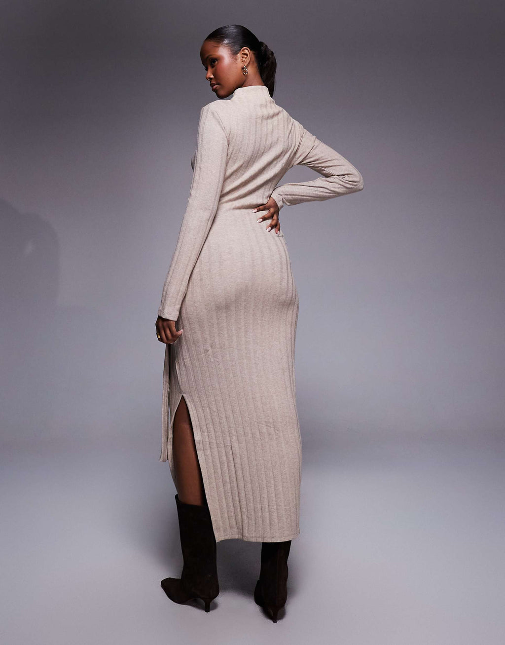 ASOS DESIGN ribbed high neck tie front midi dress in neutral