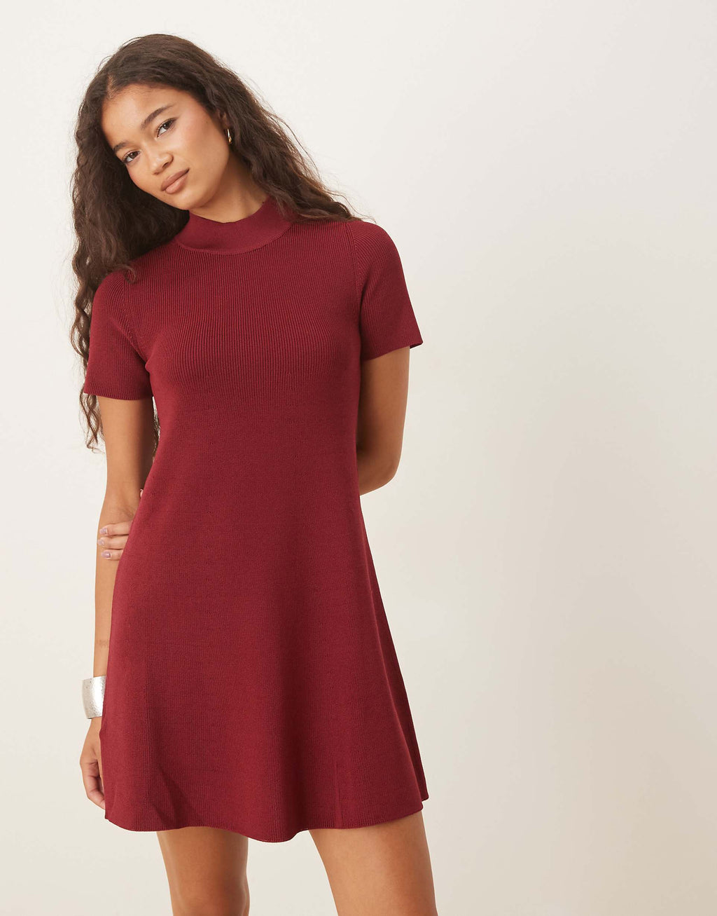 Mango knit high neck short sleeve mini dress in dark red