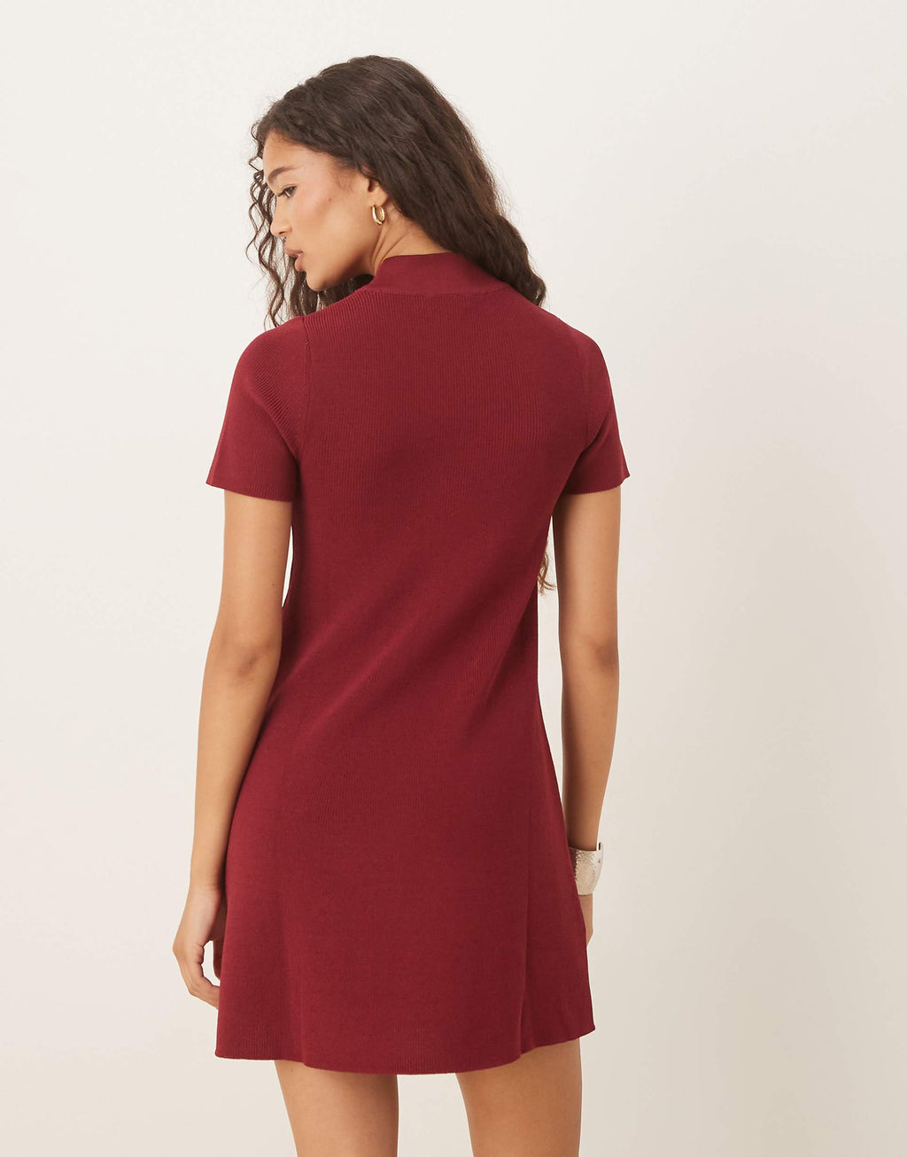 Mango knit high neck short sleeve mini dress in dark red