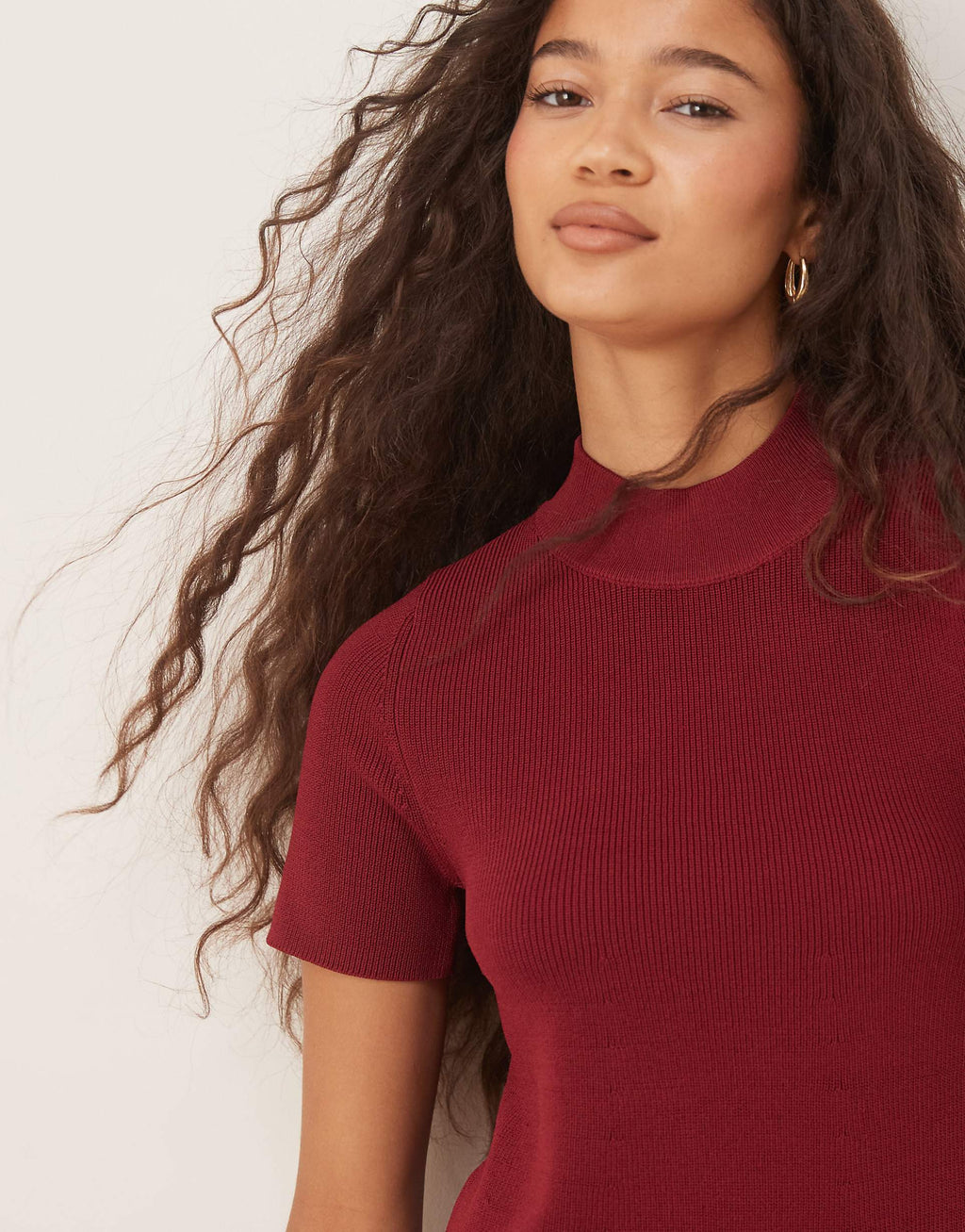 Mango knit high neck short sleeve mini dress in dark red