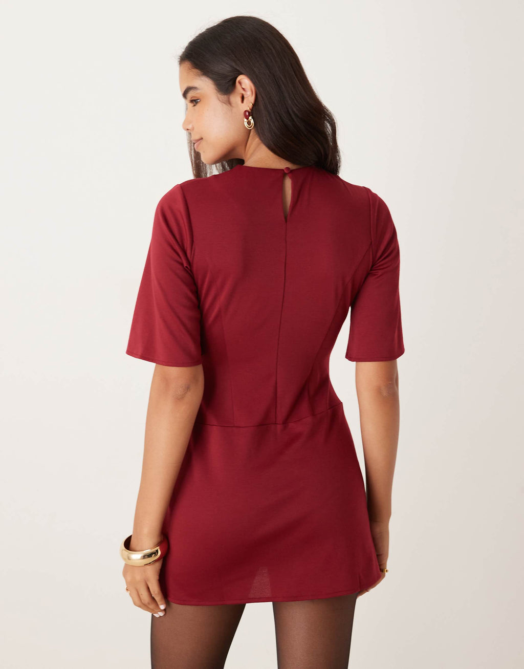 ASOS DESIGN wide short sleeve mini dress with side buckle in wine