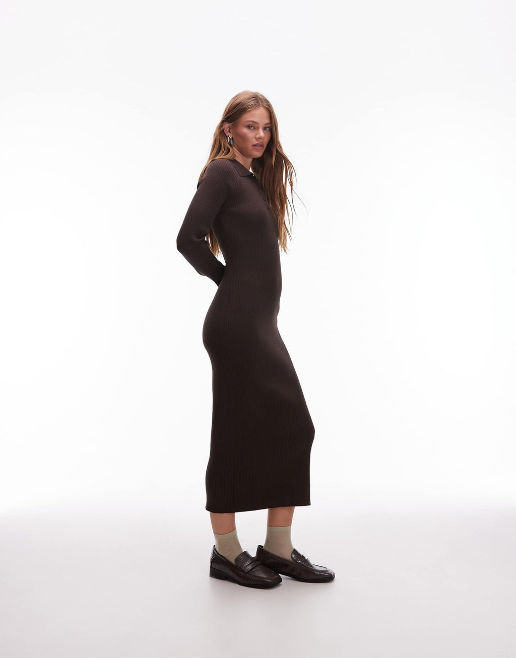 & Other Stories knit midi dress with polo collar in brown