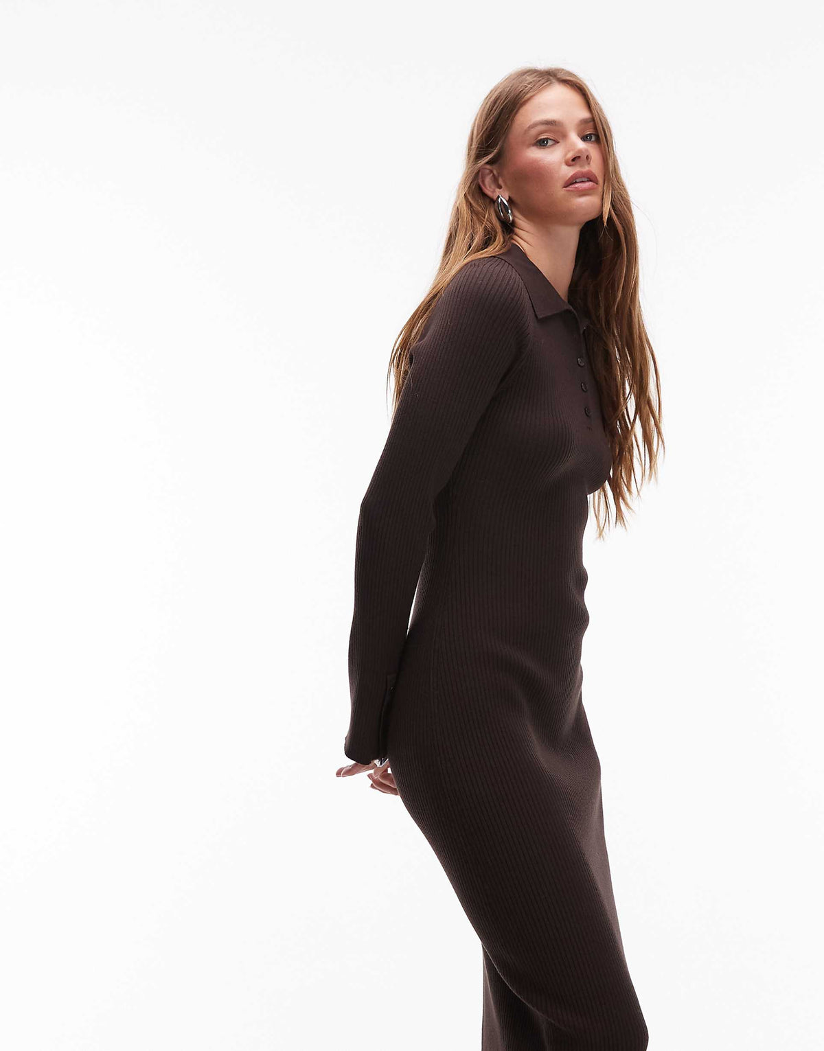 & Other Stories knit midi dress with polo collar in brown