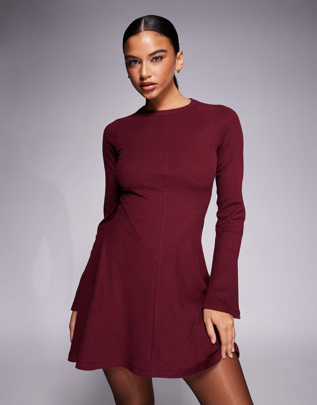 ASOS DESIGN ribbed fluted sleeve skater mini dress with seam details in burgundy