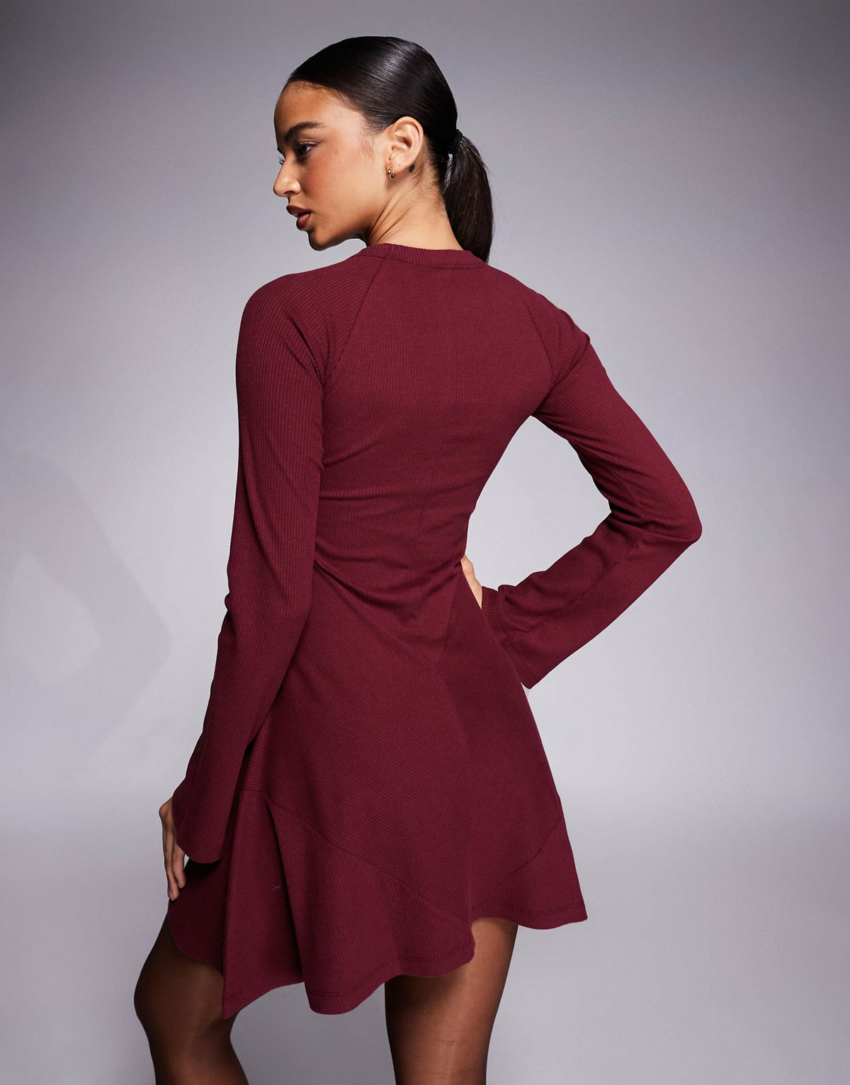ASOS DESIGN ribbed fluted sleeve skater mini dress with seam details in burgundy