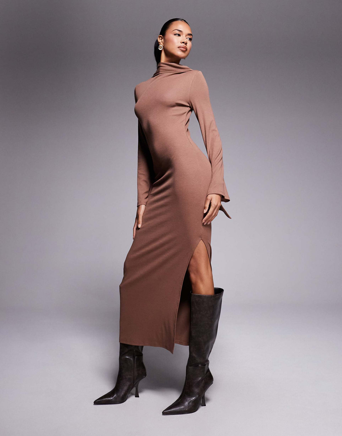 ASOS DESIGN scarf detail fluted sleeve midi dress in brown