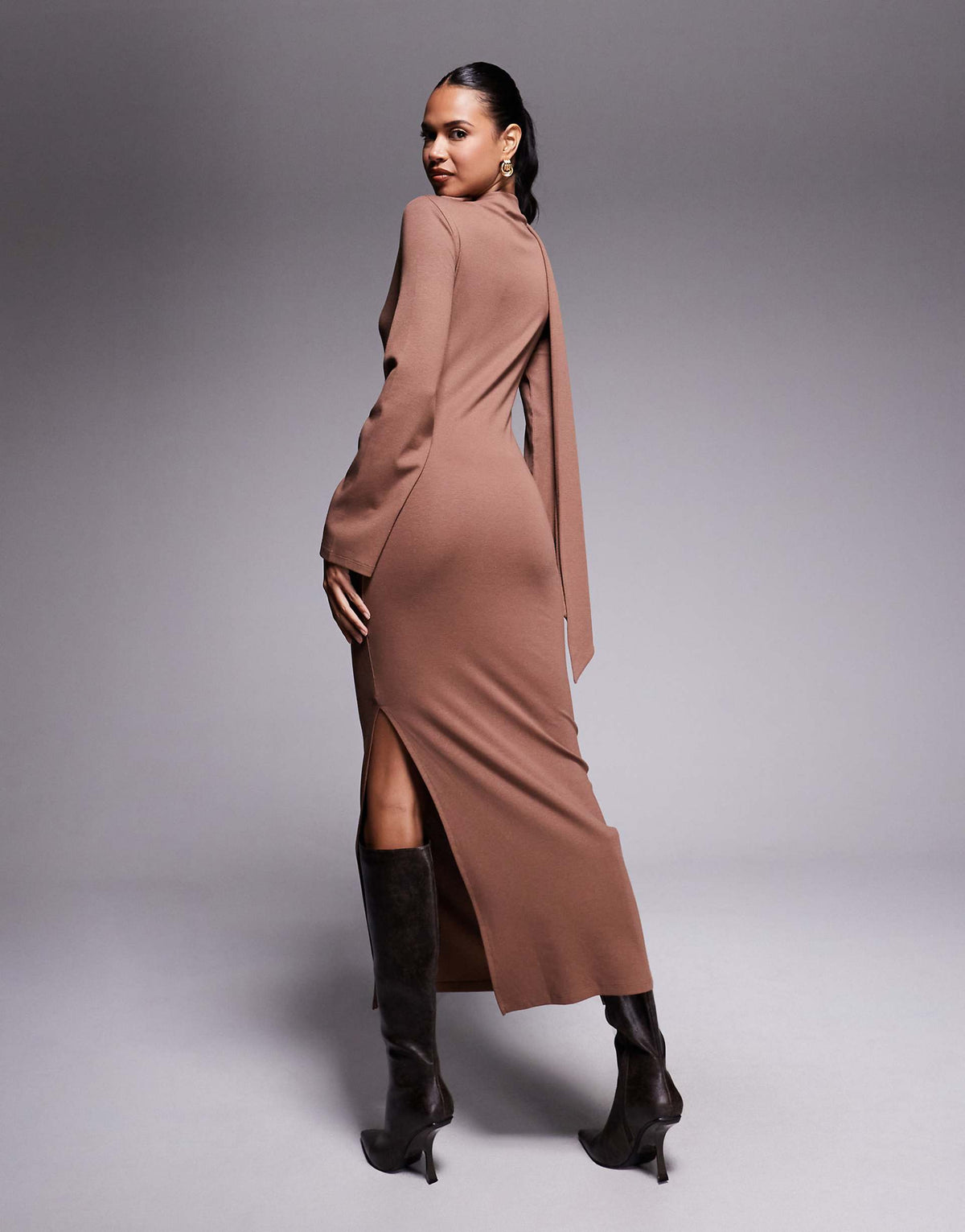 ASOS DESIGN scarf detail fluted sleeve midi dress in brown