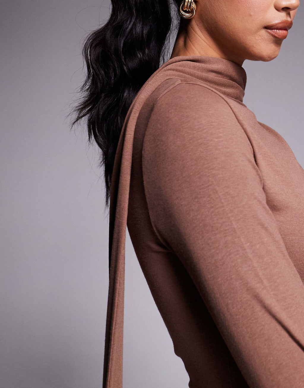 ASOS DESIGN scarf detail fluted sleeve midi dress in brown