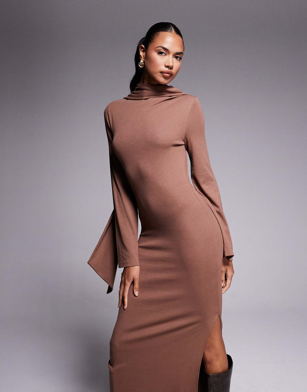 ASOS DESIGN scarf detail fluted sleeve midi dress in brown