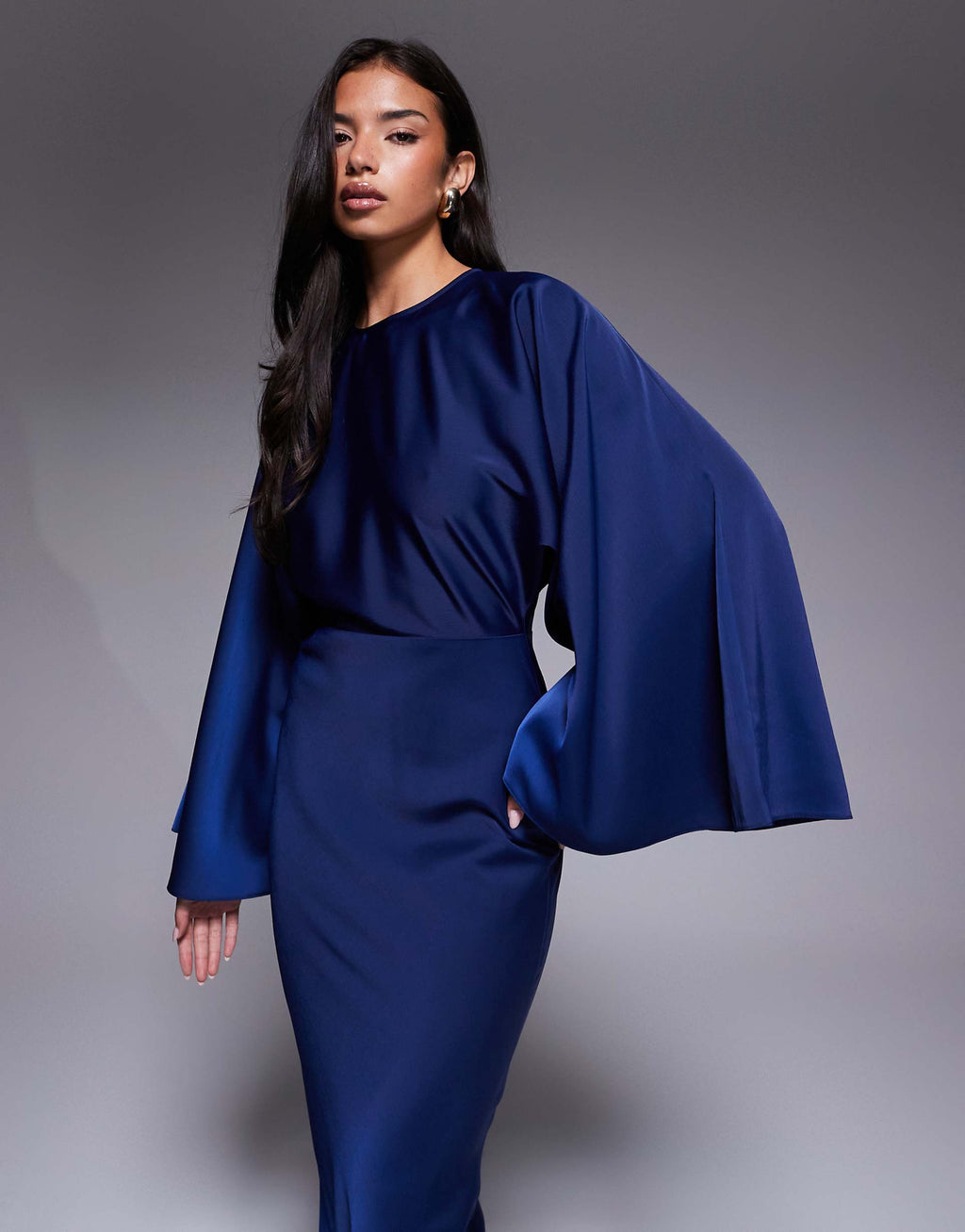 ASOS DESIGN textured satin batwing bias cut waist maxi dress in navy
