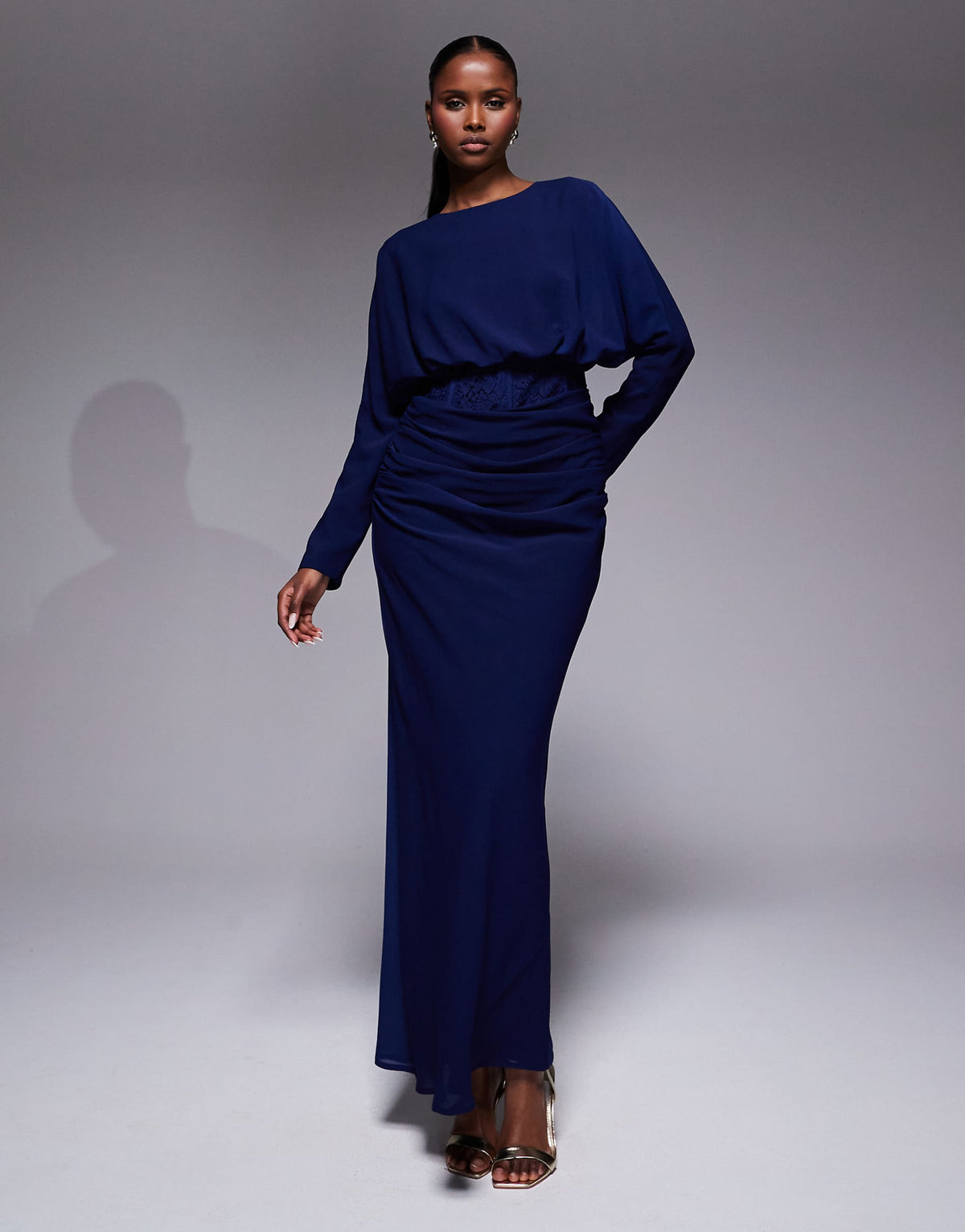 ASOS DESIGN long sleeve lace bodice blouson maxi dress in navy
