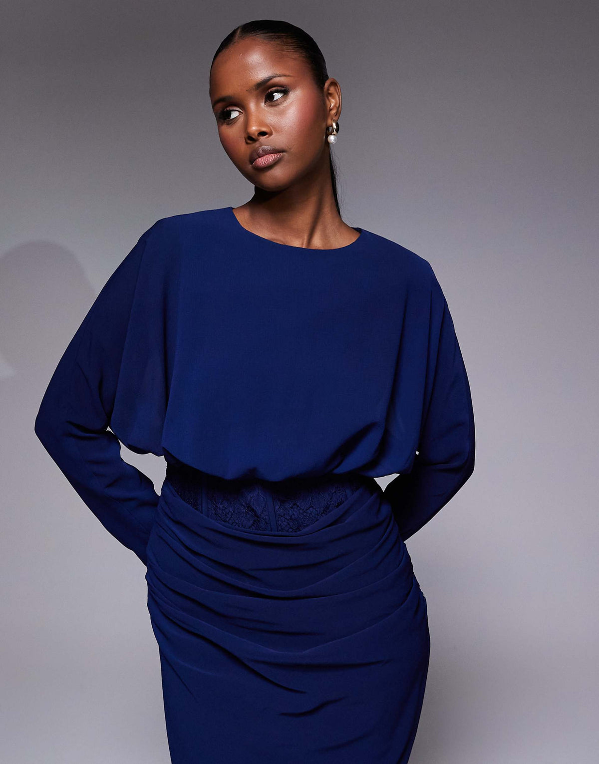 ASOS DESIGN long sleeve lace bodice blouson maxi dress in navy