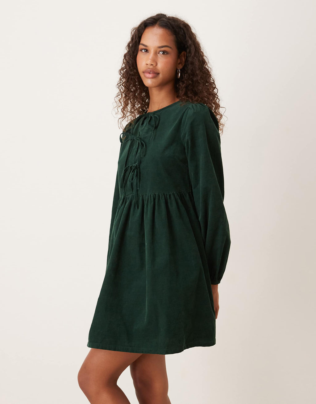 Nobody's Child Eden cord triple bow smock mini dress in dark green