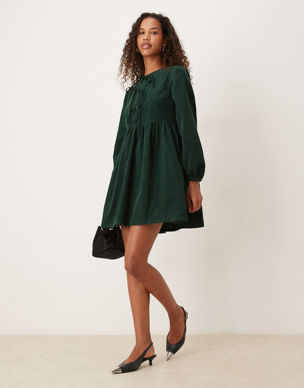 Nobody's Child Eden cord triple bow smock mini dress in dark green