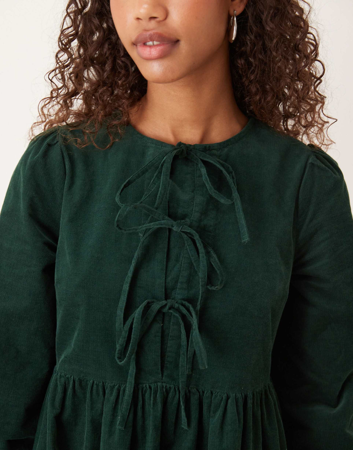 Nobody's Child Eden cord triple bow smock mini dress in dark green