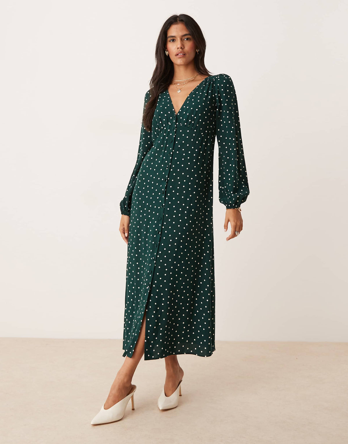 Nobody's Child Kennedy v-neck midi dress in green polka dots