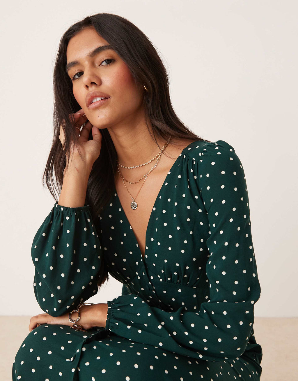 Nobody's Child Kennedy v-neck midi dress in green polka dots