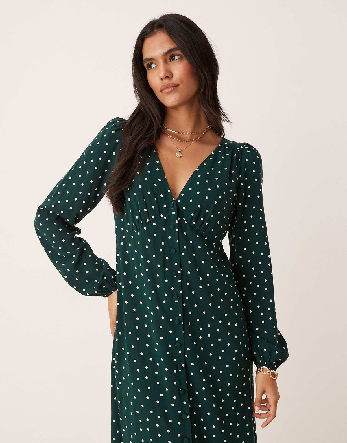 Nobody's Child Kennedy v-neck midi dress in green polka dots