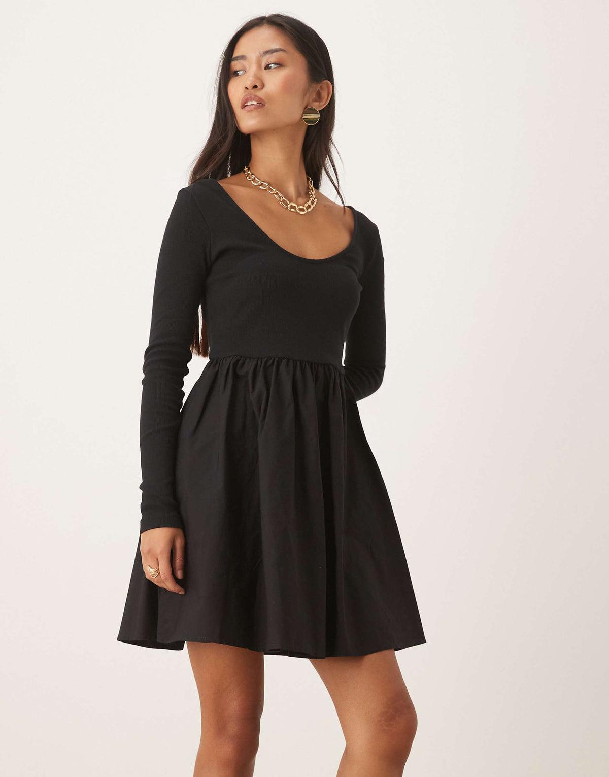 Nobody's Child scoop neck long sleeve mini dress in black