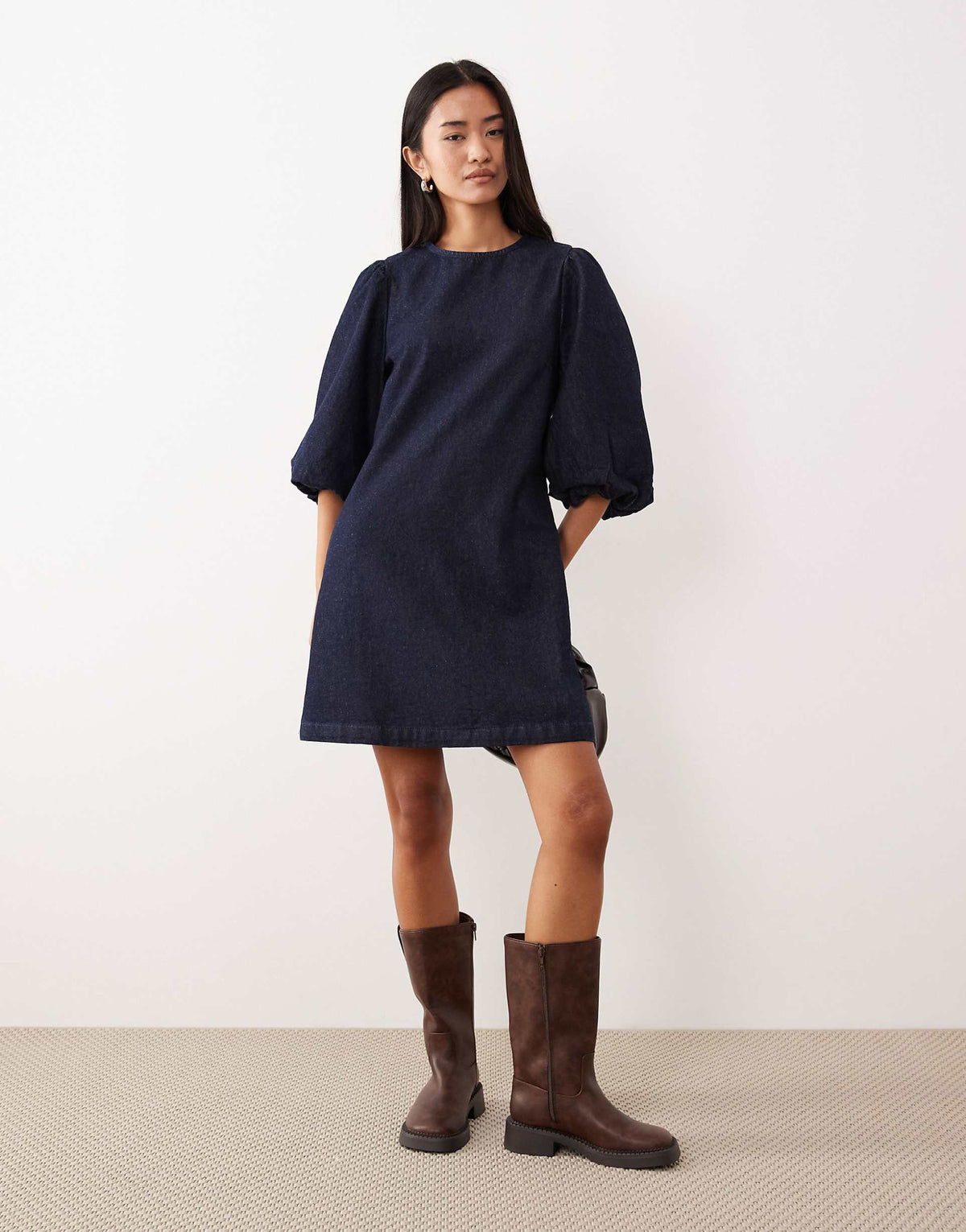 ASOS DESIGN denim mini dress with puff sleeve detail in rinse