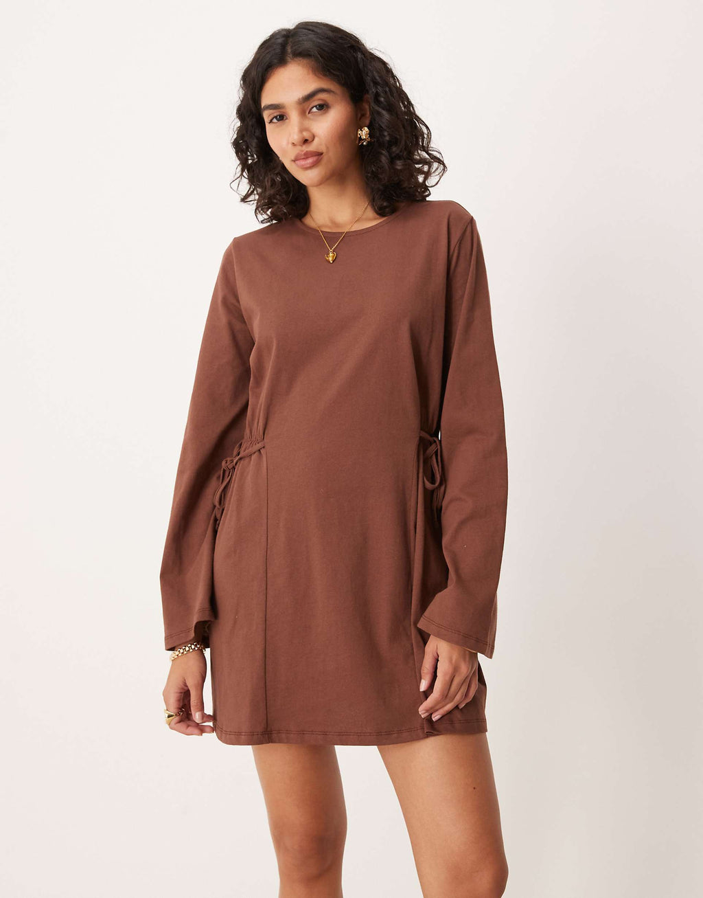 ASOS DESIGN tie side cinched mini dress with long sleeves in brown