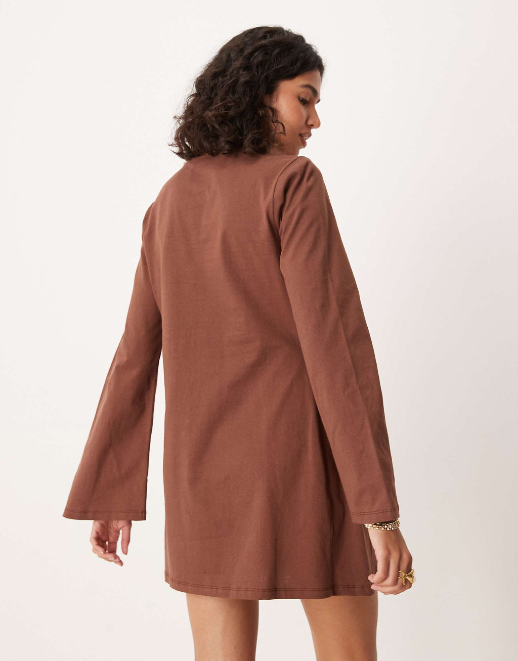 ASOS DESIGN tie side cinched mini dress with long sleeves in brown